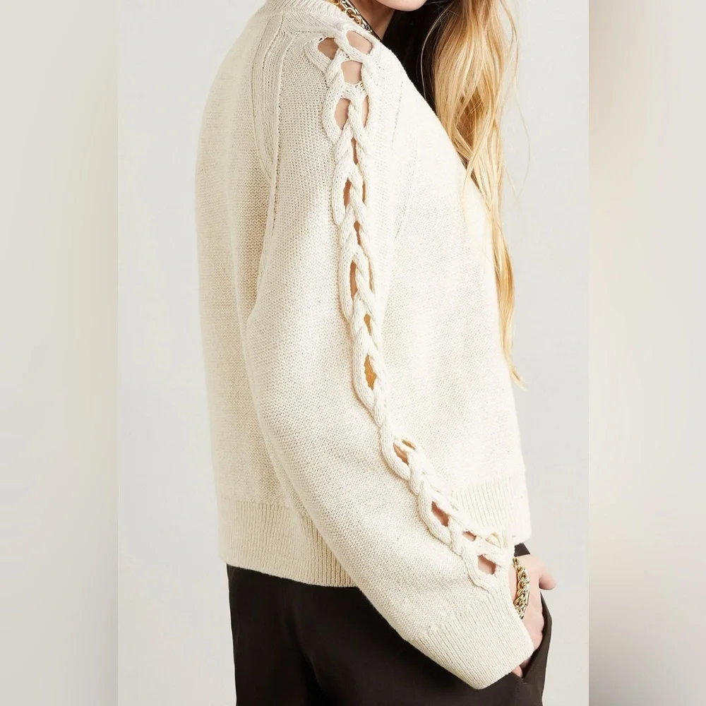 Lafayette 148 Cable Knit V-neck Linen Cotton Silk cardigan neutral cream medium